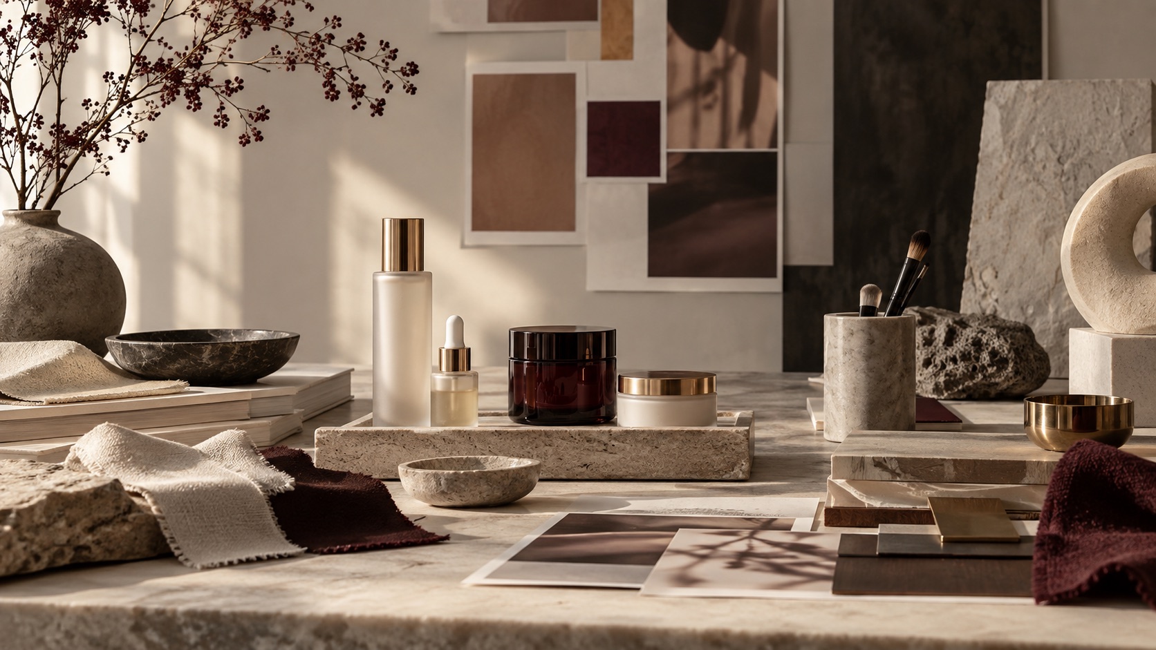 Refined beauty brand studio with product and material details
